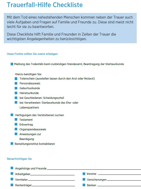 Hilfe im Trauerfall Checkliste